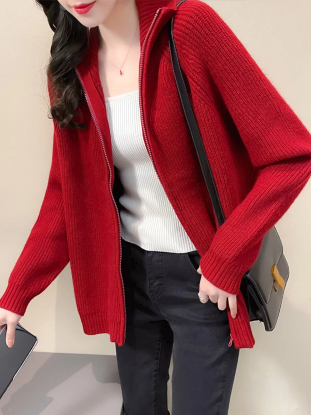 Ранняя осень женский свитер свободный модный вязаный кардиган на молнии