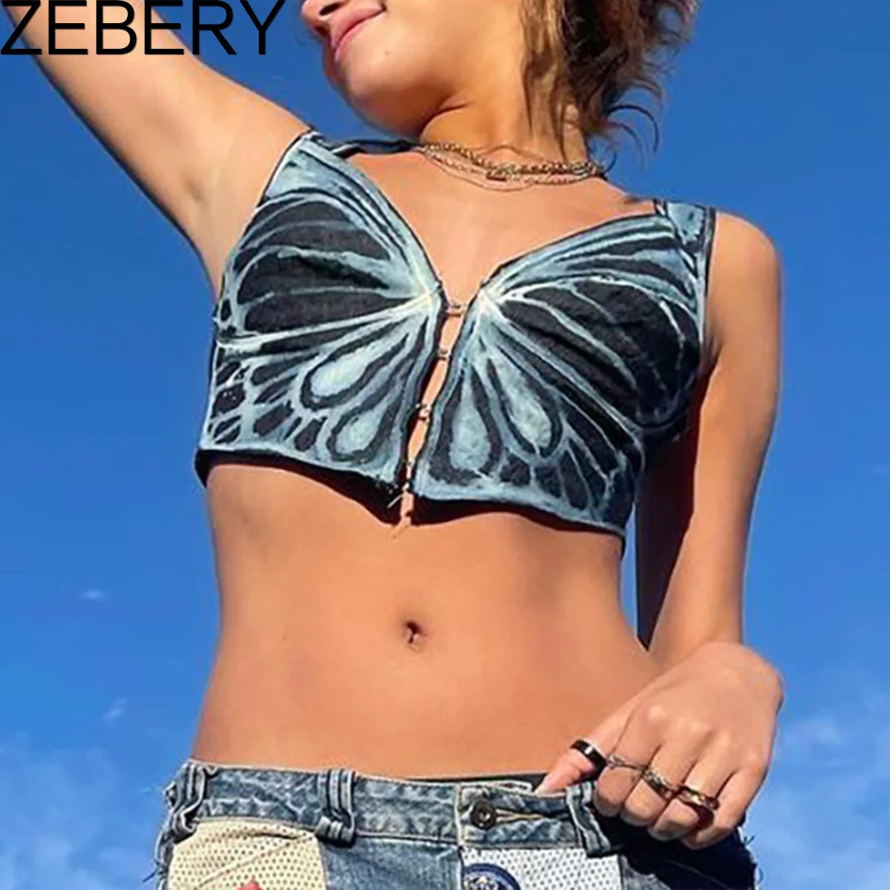 

Кроп-топ ZEBERY y2k женский с бабочками, пикантная синяя Милая вечерняя одежда с открытой спиной, пляжный праздничный мини-жилет, летняя футболк...