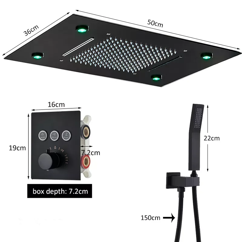 

Matte Black LED Thermostatic Shower Faucet Rain Waterfall Shower 3-way Thermostatic Mixer Tap Ceiling Mounted Shower System