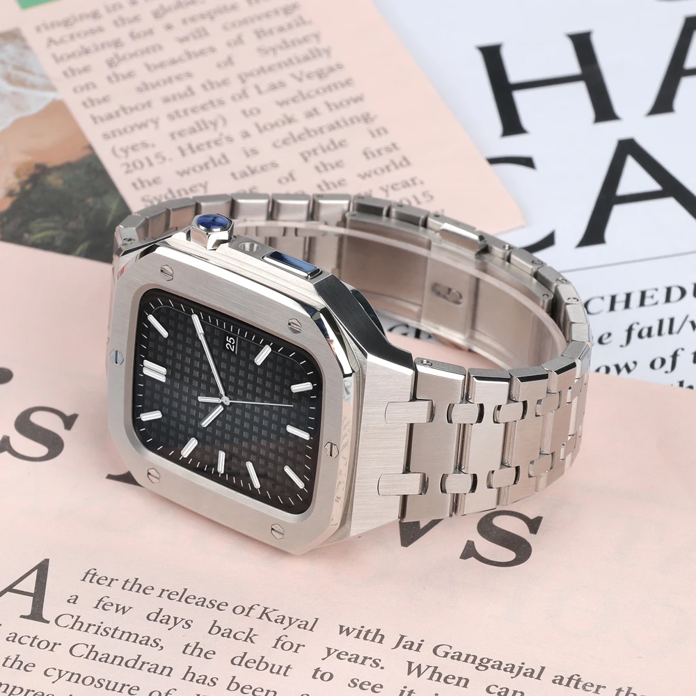 Luxury Modification Kit Metal Case+Stainless Steel strap for Apple Watch band 45mm 44mm 42 Rubber band For iWatch 8 7 6 5 Correa