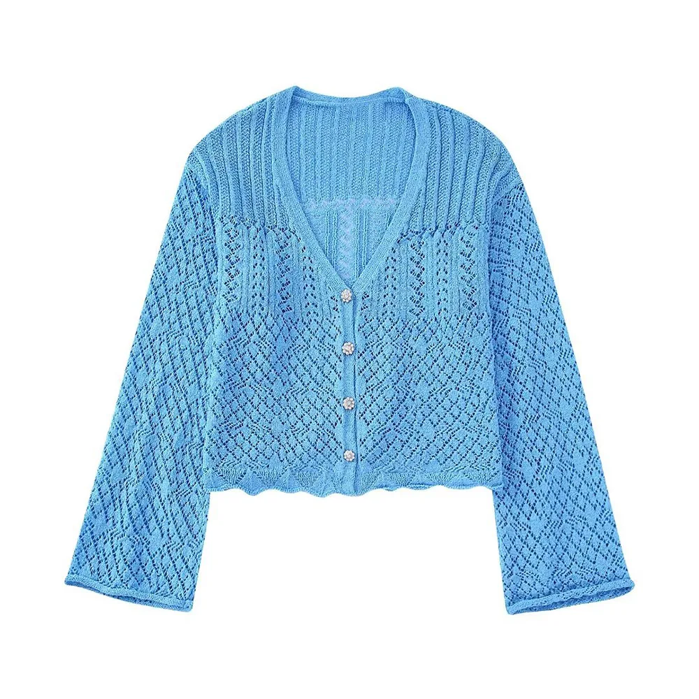 

Elegant Sweater Women 2022 Fashion Cutout Knitted Coat Faux Jewelry Buttons V Neck Long Sleeve Summer Cardigan