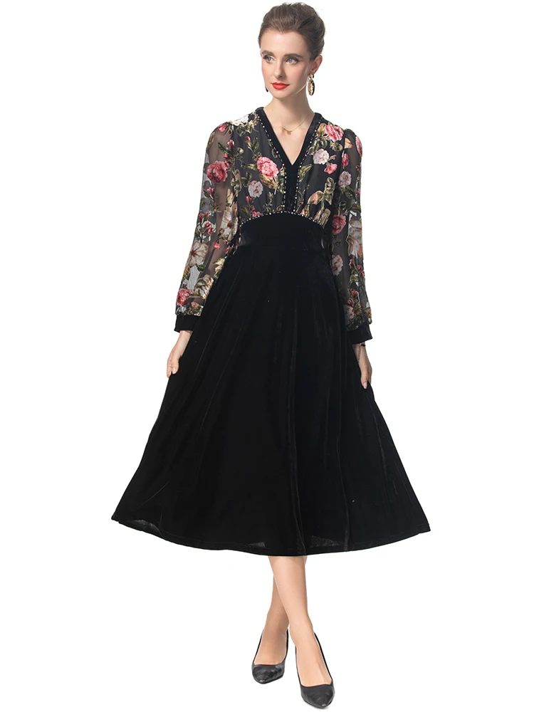 Женское бархатное платье с V-образным вырезом и рукавами-фонариками