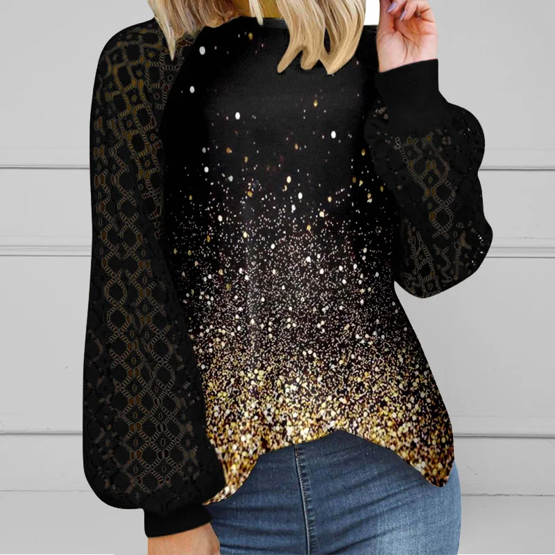 

Women Lantern Sleeve Butterfly Print Lace Tops Elegant Patchwork Embroidery Shirts Pullover Retro Loose Long Sleeve Blouse Blusa