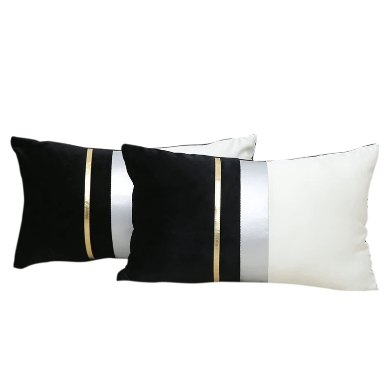 

LICG Patchwork Velvet Lumbar Pillow Cover With Gold Striped Leather Cushion For Bedroom Sofa Decoration 2PCS