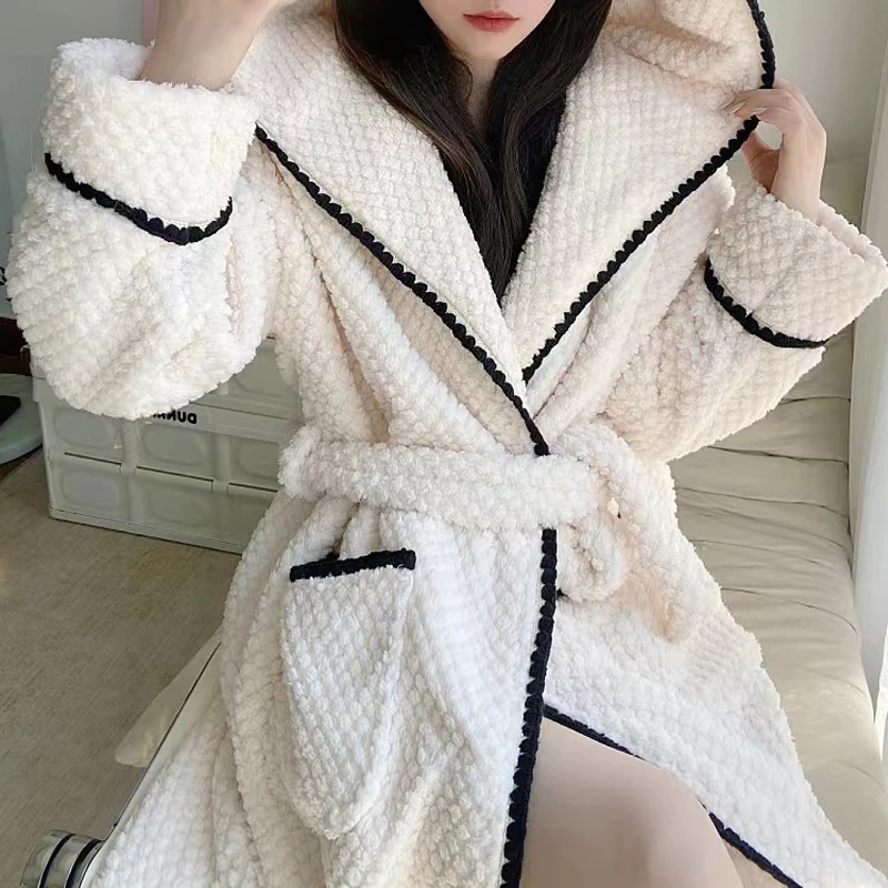 Autumn and Winter Thickened Plush Warm and Comfortable Large Size Hooded Pajamas Pajamas for Women