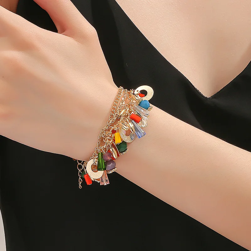 

Fashion Bohemian Bracelet Glass Crystal Mixed Color Multi-layer Beaded Chains for Women Bangle Banquet Jewelry Accessories