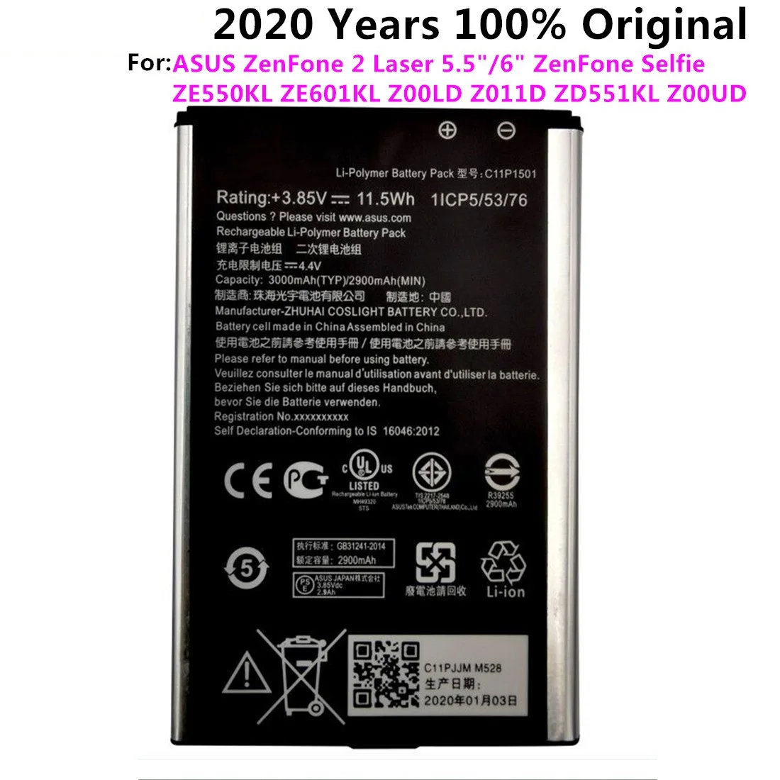 

Original C11P1501 Battery For ASUS ZenFone2 Laser 5.5"/6" zenfone selfie ZE550KL ZE601KL Z00LD Z011D ZD551KL Z00UD 2900mAh