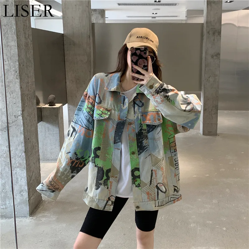 

Женская джинсовая куртка с длинным рукавом, свободная джинсовая куртка в американском стиле с принтом граффити, большие размеры, LL859, весна ...