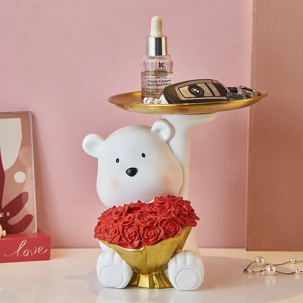 

Modern Minimalist Decor Cute White Bear Statue Resin Embellishment Animal Sculpture Bedroom Decoration Storage Tray Home Decor