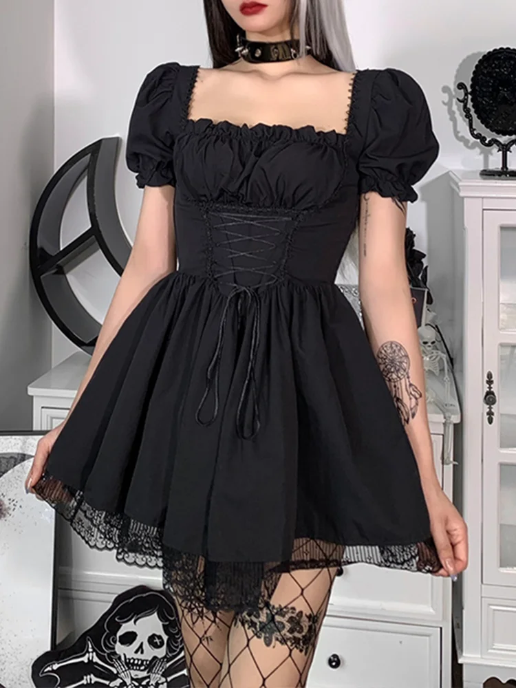InsGoth Gothic Lolita Black Dress Goth Aesthetic Puff Sleeve High Waist Mini Dress Vintage Lace Trim Bandage Corset Party Dress