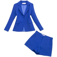 2022 new high quality office women blazer shorts 2 piece set fashion slim blue long sleeve jacket suit business wear