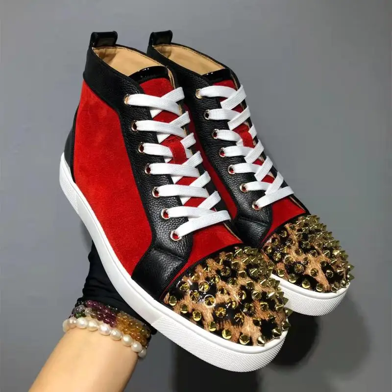 

LOUBUTEN Red Suede Leather Shoes Men High Top Luxury Sneakers Breathable Rivets Mens Trainers Spikes Casual Shoes Plus Size