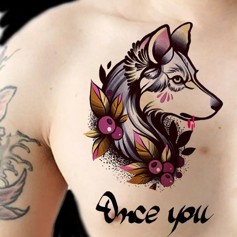 

Chest Wolf Tatoo Waterproof Temporary Tattoos for Man Colorful Dog Head Letter Art Fake Tattoo Stickers Festival Punk Sticker
