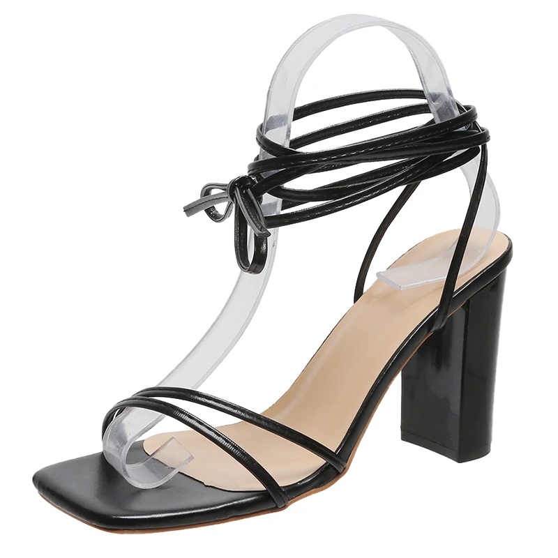 

Women's Open Square Toe Sandals Solid Color Fashion Summer New Elegant Sweet Ankle Strap Trendy Popular High Thick Heel Sandals