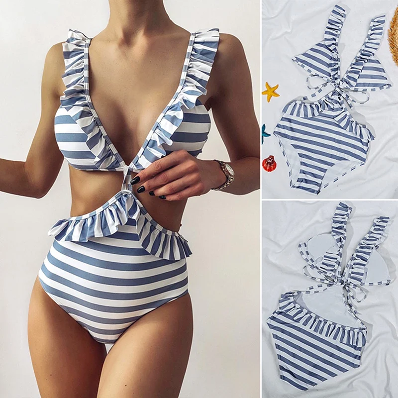 

Women 2 Piece Swimwear Ruffle Lace Up Swimsuit Ladies Swimsuit Bathing Suit Beachwear Bikini