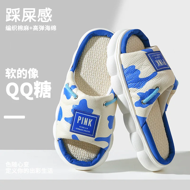 Home Linen Slippers for Women Spring Summer Breathable Cozy Flip Flops Girls Platform Cloud Cow Spots Sandals Ladies Shoes Slide