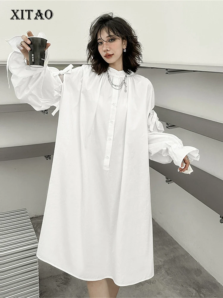 

XITAO, белое, черное платье, пуловер, длинный рукав, Goddess Fan, повседневное, элегантное, однотонное, плиссированное, с бантом, повседневное, стильное платье, WLD16116