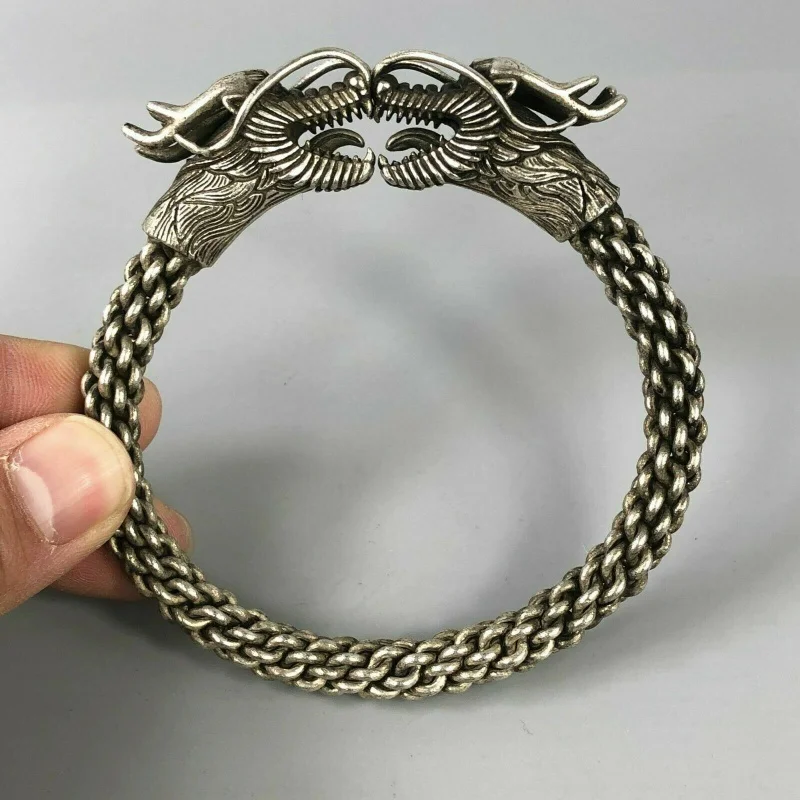 

Collectible Chinese Old Tibet Silver Handwork Double Dragon Auspicious Bracelet