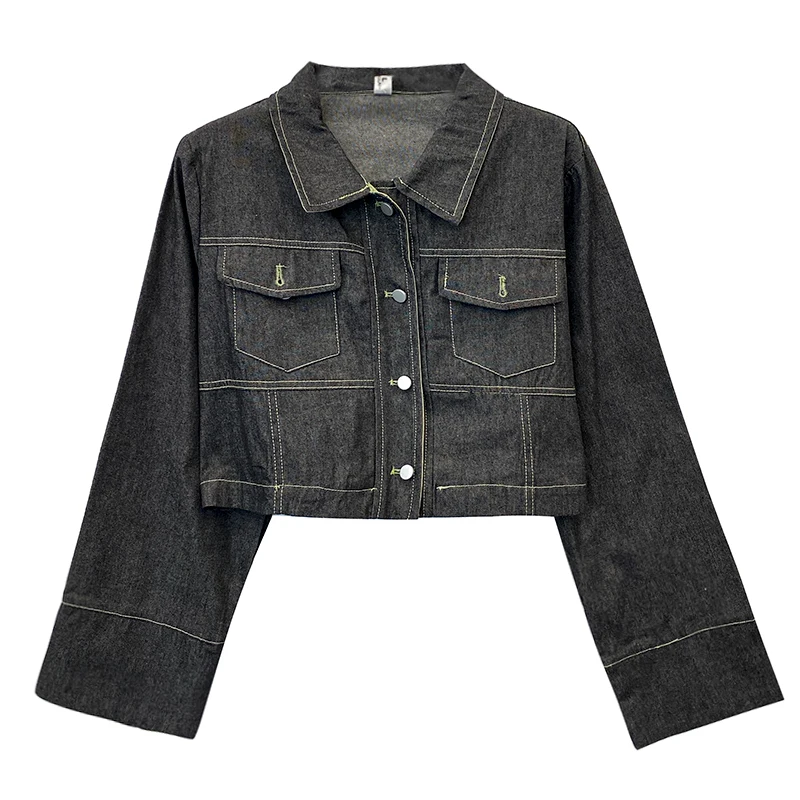 Новинка 2023 черное однобортное джинсовое пальто с отложным воротником топ