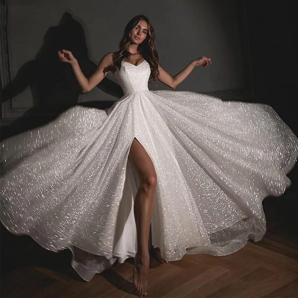 

E JUE SHUNG Shinny Fabrics Luxury Wedding Dresses V-neck Spaghetti Straps Side Slit Sexy Bridal Gowns Custom Made Lade Up Back