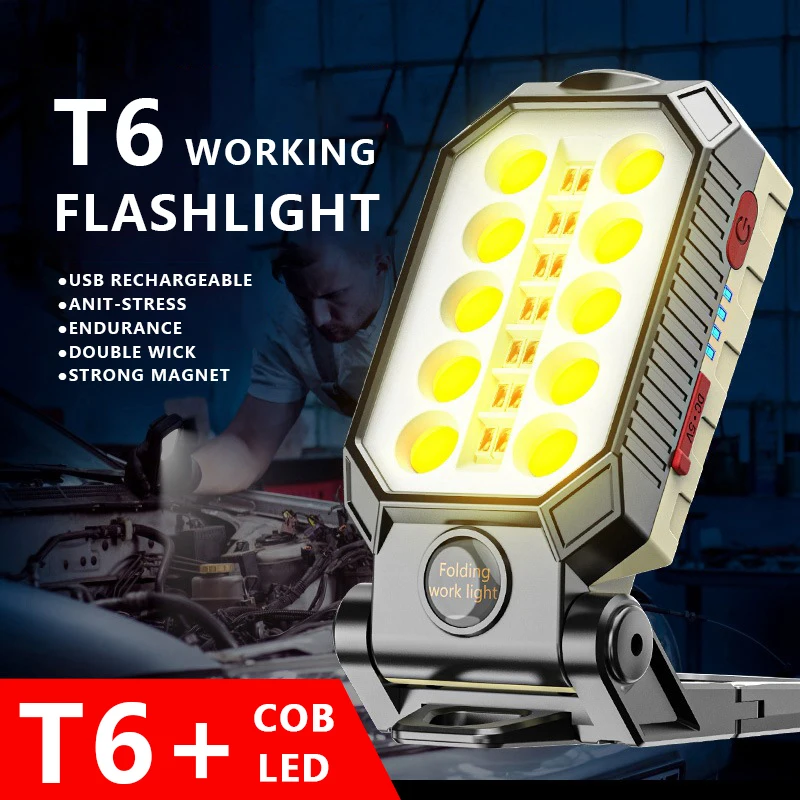 

Portable LED Flashlight Magnet Design Work Lamp USB Rechargeable COB Garage Car Repair Waterproof Camping Outdoor Lighting