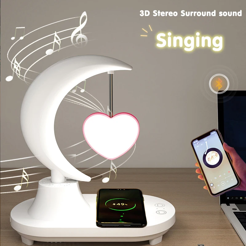 3 In 1 Table Night Light Bluetooth Speaker Colorful Bedside LED Desk Lamp with Wireless Charger Mobile Phone Charger Stand