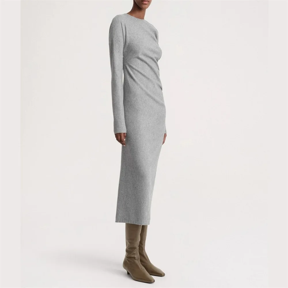 

Women Midi Dress Long Sleeve Slim Pleated High Waist Vintage Robe