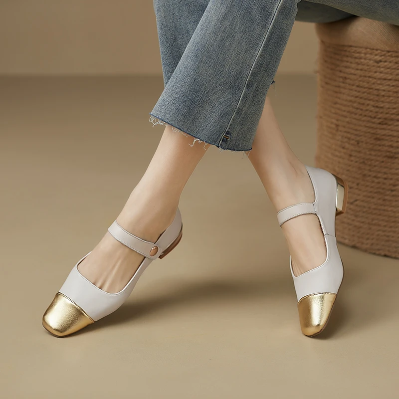 Jiovodo Genuine Cow Leather Slipon Loafers Mary Jane Gold Silver Dancing Flats Buckle Shoes Ladies Spring Fall Preppy Style Girl