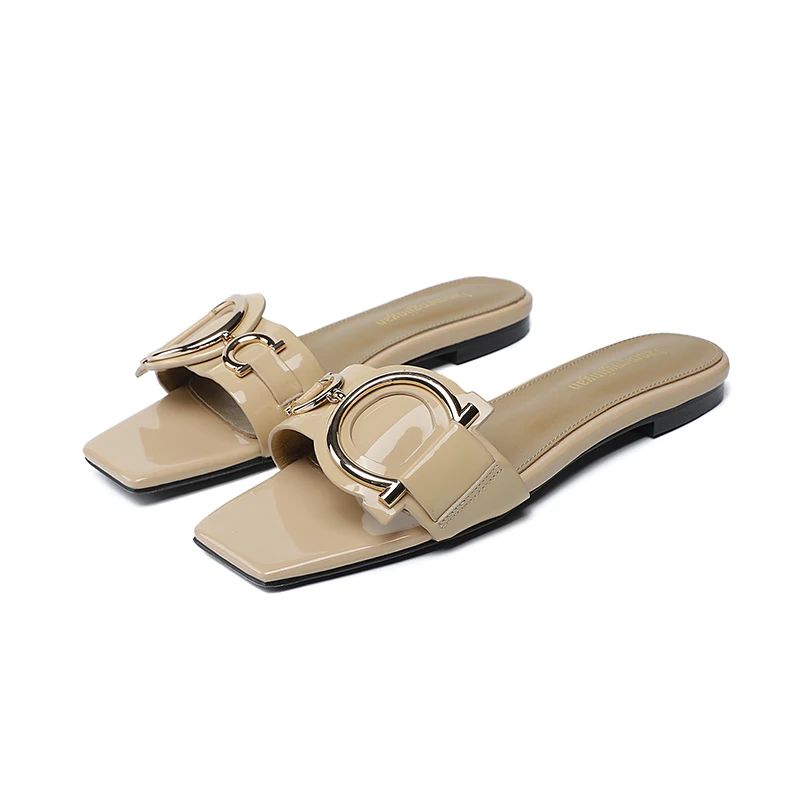 New flat bottom square leather slippers Cow leather upper Sheepskin inner fashionable metal button comfortable women's slippers