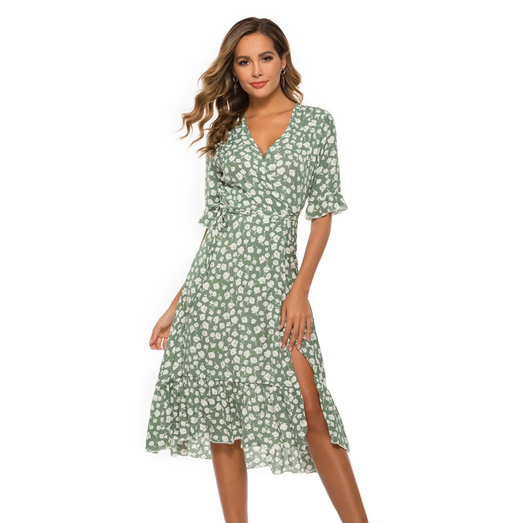 

ZWINZ Long Sleeve Chiffon Dress Summer Ruffle Sleeve Floral Wrap Dress Beach Bohemian Dress High Waist Large Swing Long Skirt
