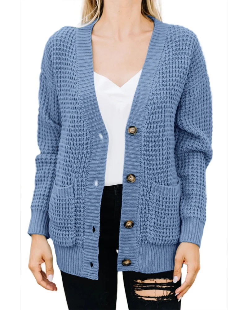 

Womens Button Down Cardigans Open Front Long Sleeve Waffle Knit Fall Sweaters Coat with Pockets