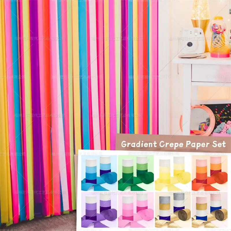

8 Rolls/Bag Gradient Crepe Paper Set Wrinkle Paper Garland Ribbons DIY Decorative Supplies For Birthday WeddingKindergartenParty
