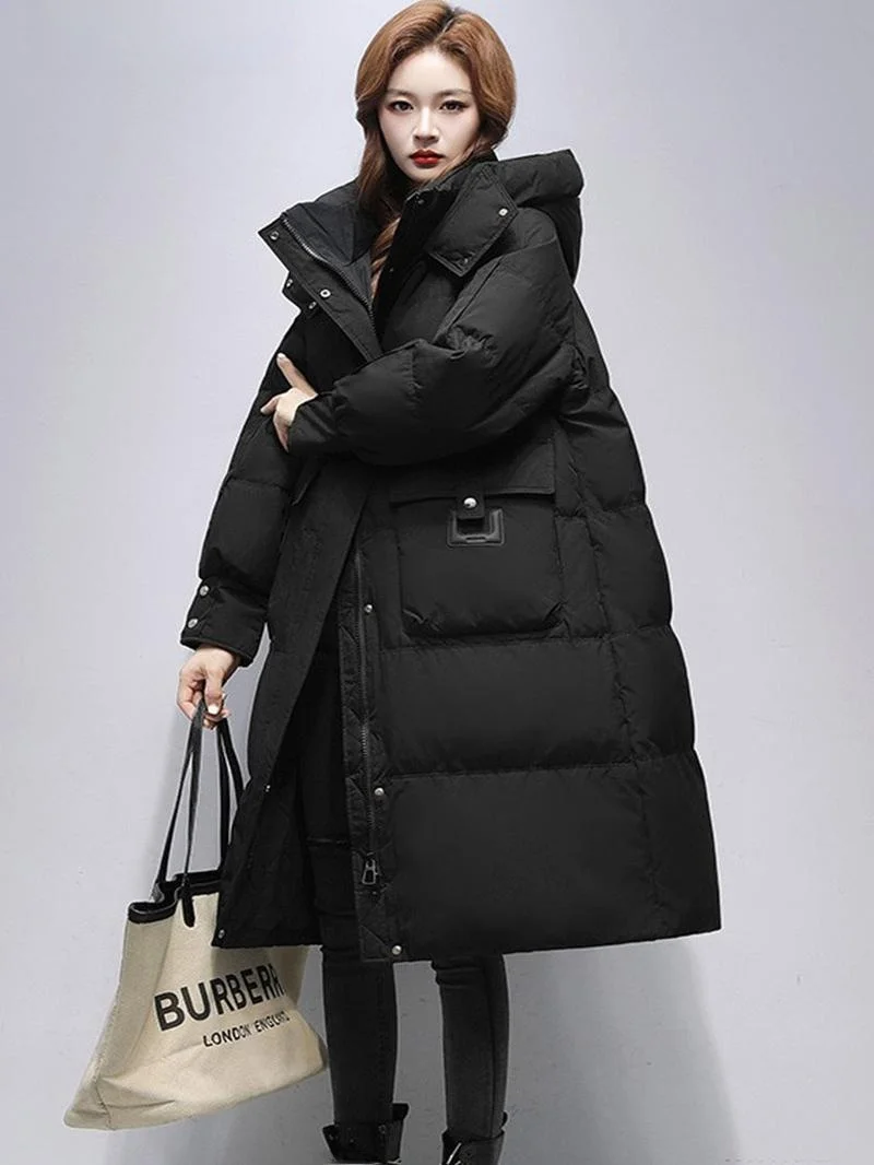 Черный пуховик Duck женский средней длины выше колена новинка 2024 зимняя брендовая