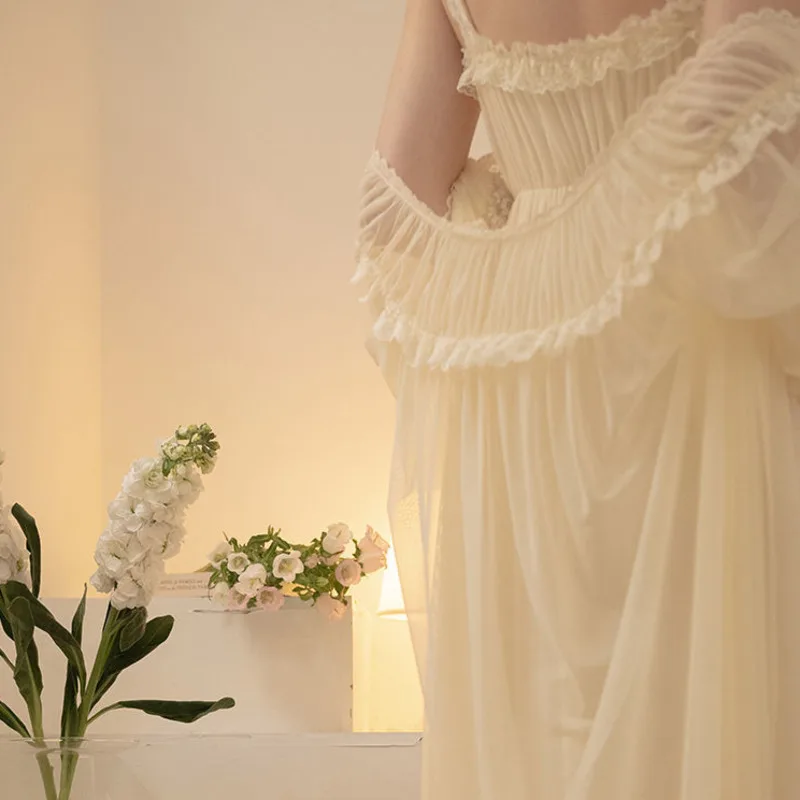 French Palace Sleepwear Women Lace Fairy Sling Nightdress Princess Nightdress Sexy Night Dress Lingerie Winter Nightgown