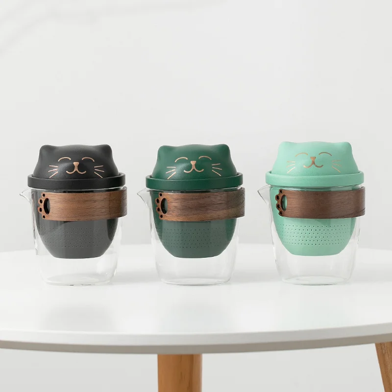 Tea Set Portable Travel Simple Kung Fu Teapot Cup Cute Cat Outdoor One Pot Three Cups Glass Ceramics | Дом и сад