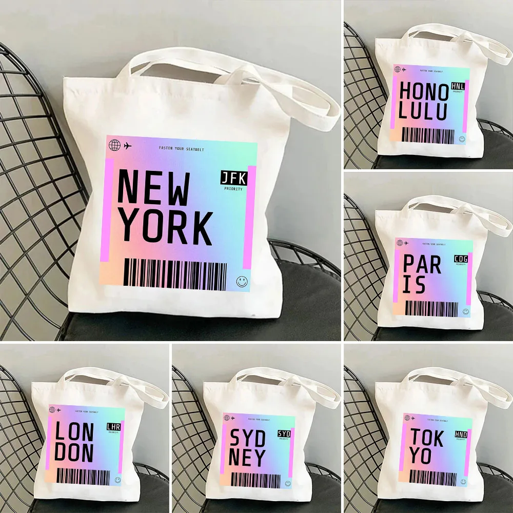 

London New York Paris Boarding Pass Rainbow Women Canvas Shoulder Bags Handbags Totes Eco Reusable Cotton Cartoon Shopping Bags