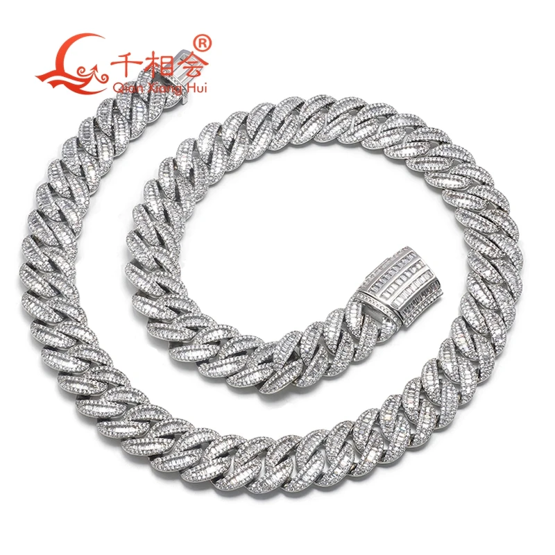 bracelet 15mm baguette half moon  925 Silver Cuban Link Iced Out Hip Hop white Moissanite  Chain Jewelry for Women Men Gifts