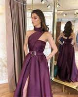 a line satin charming luxury hf040 evening party dresses for women backless side slit elegant prom gowns vestidos de noche