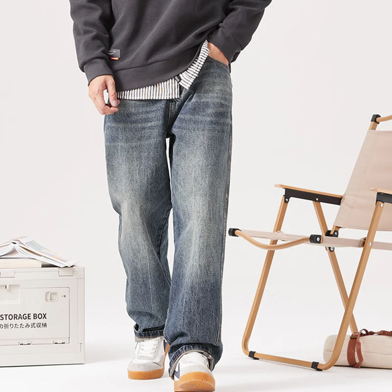 Streetwear Men New Pattern Recreational Blue Pants Broad Leg Mopping The Floor Force Straight Cylinder Loose Jeans Autumn Female