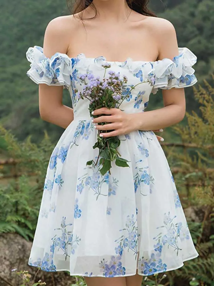 

Women's Summer Dresses Printing Ruffles Off Shoulder Mini Dress for Women Fashion Korean Sweet Party Robe Femme Clothes Vestidos