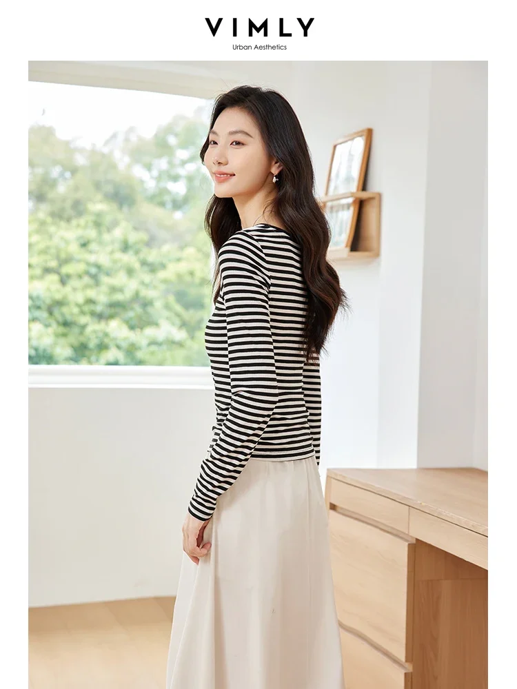 Женская Осенняя Классическая футболка VIMLY в черно-белую полоску Новый
