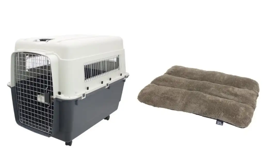 

Premium Plastic Dog Kennel and Travel Crate, X Large, with Sportpet Designs Waterproof 33" pet bed , X Large