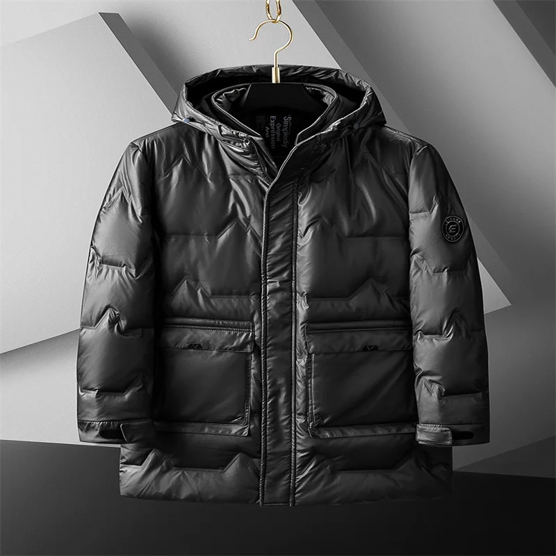 Winter Men'S Warm Medium Long Down Cotton  Thickened European And American Fashion Casual Coat Loose  Hood Zipper