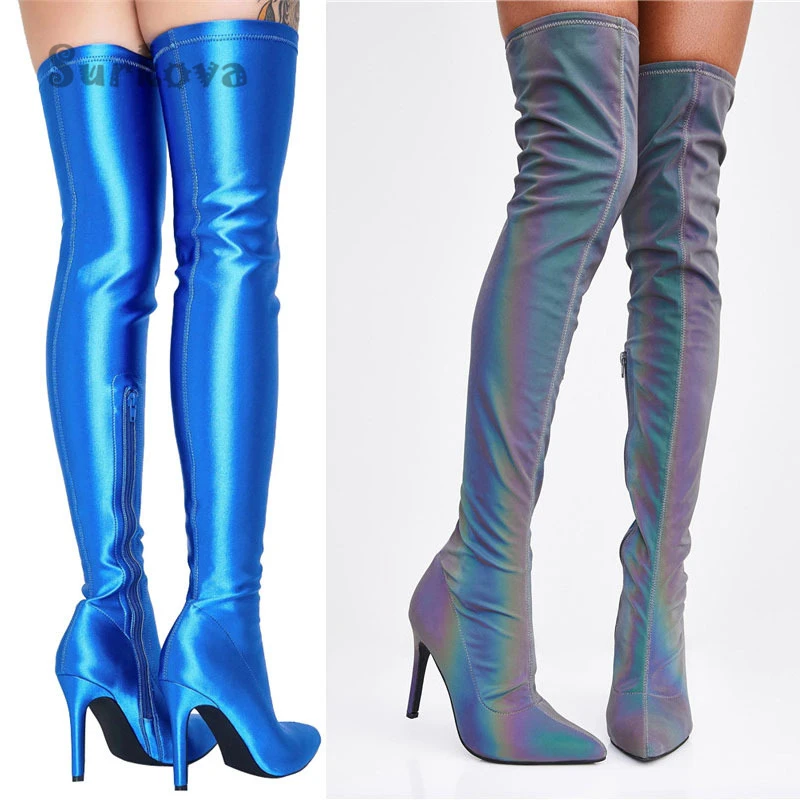 

Ботфорты с острым носком и змеиным принтом, яркие облегающие эластичные сапоги выше колена, ботфорты на очень высоком тонком каблуке, с принтом зебры