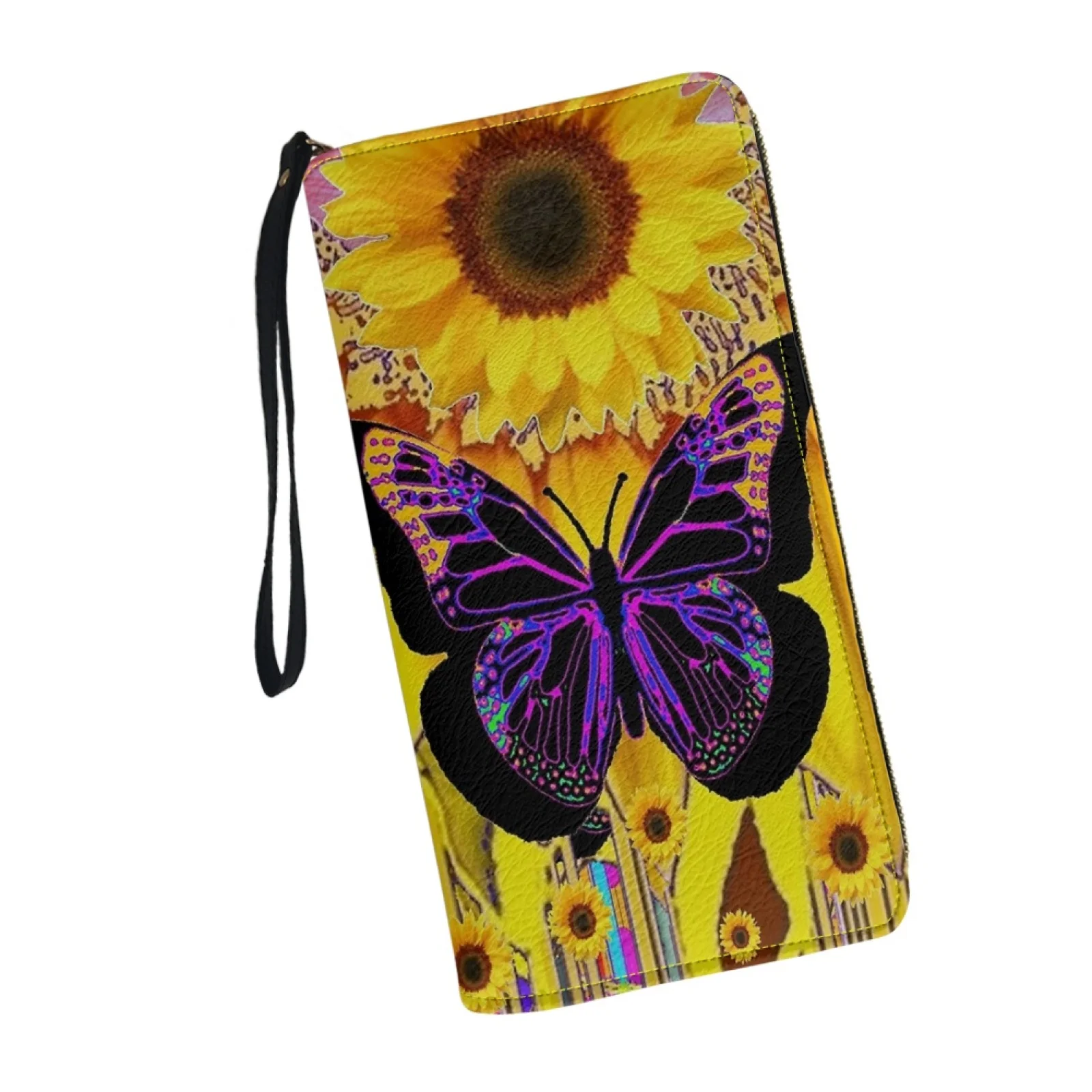 Belidome Sunflower Butterfly Wristlet Wallet for Women Leather RFID Blocking Zip Around Card Holder Organizer Travel Cluth Bags