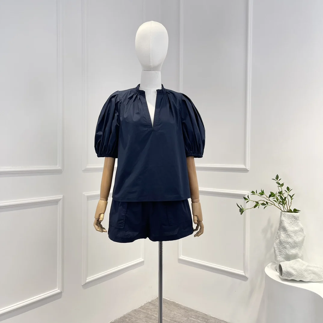 

2023 Top Quality Women Navy Blue Puff Sleeve Blouse and Shorts Set