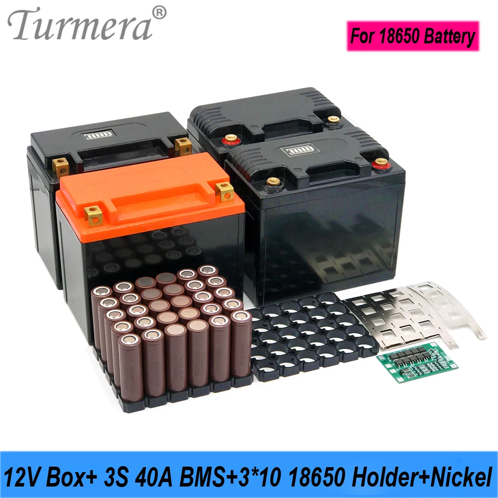 Turmera 12V 20Ah to 35Ah Motorcycle Battery Storage Box 3X10 18650 Holder 3S 40A BMS with Solder Nickel Use in Replace Lead-Acid