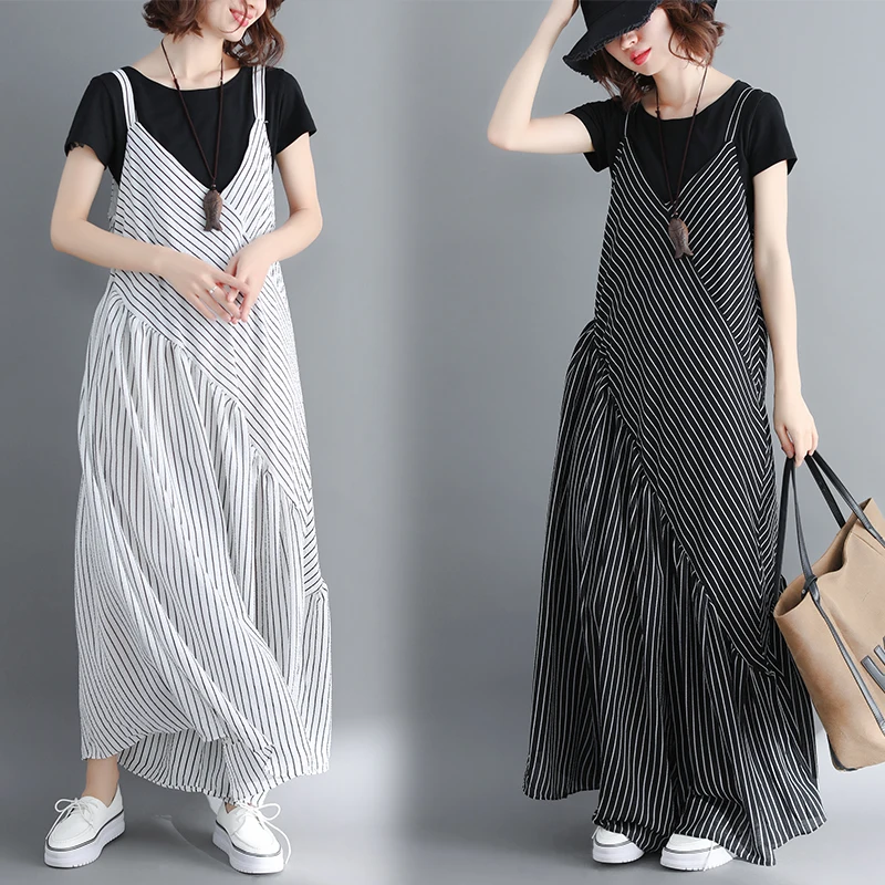 

Sexy Striped Sling jumpsuit Bodysuit Loose Long culottes wide leg suspender Casual Sleeveless Boho V-Neck Sling Trousers