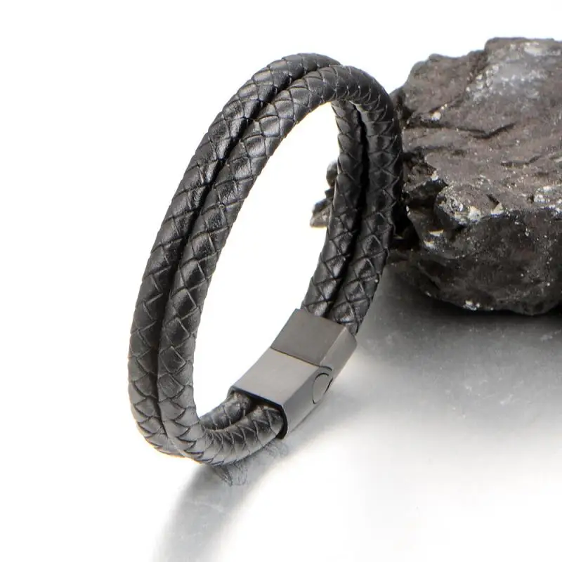 Модный повседневный кожаный плетеный браслет двойной черный Простой с магнитной