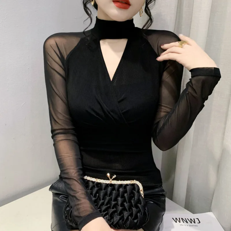 #8374 Сетчатая футболка женская сексуальная водолазка с вырезами длинным рукавом